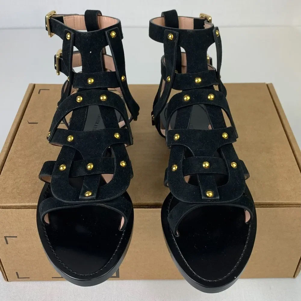 Alberta Ferretti Womens Gladiator Flat Sandal Black Suede Ankle Strap Shoes 6/37